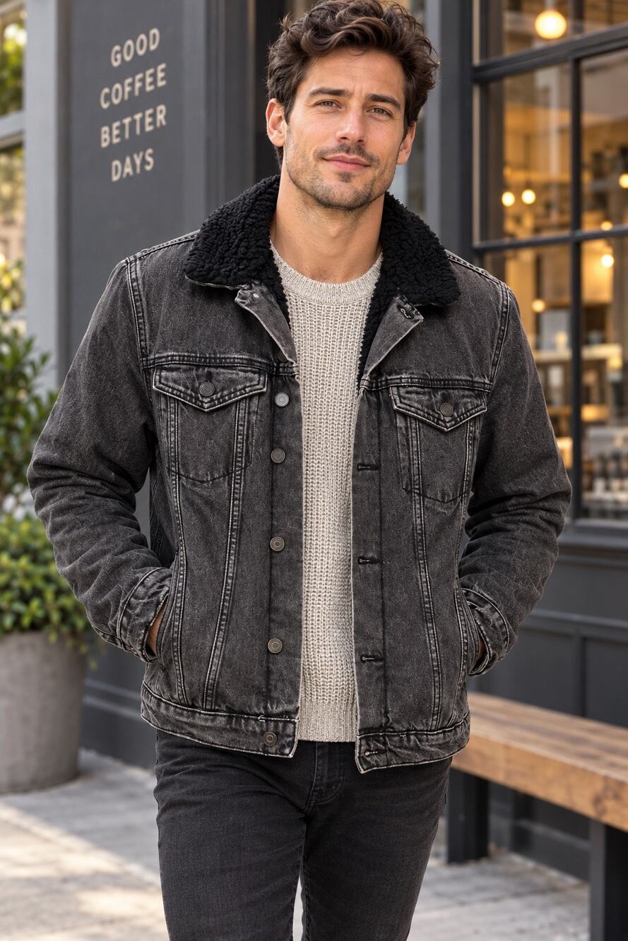 New Look Men S Washed Black Denim Sherpa Lined Trucker Jacket